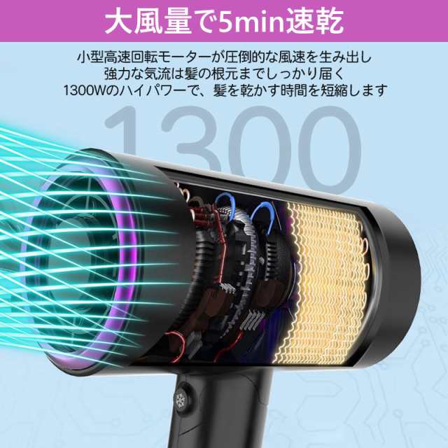 ドライヤー ヘアドライヤー 大風量 軽量 マイナスイオン 1300W サロン