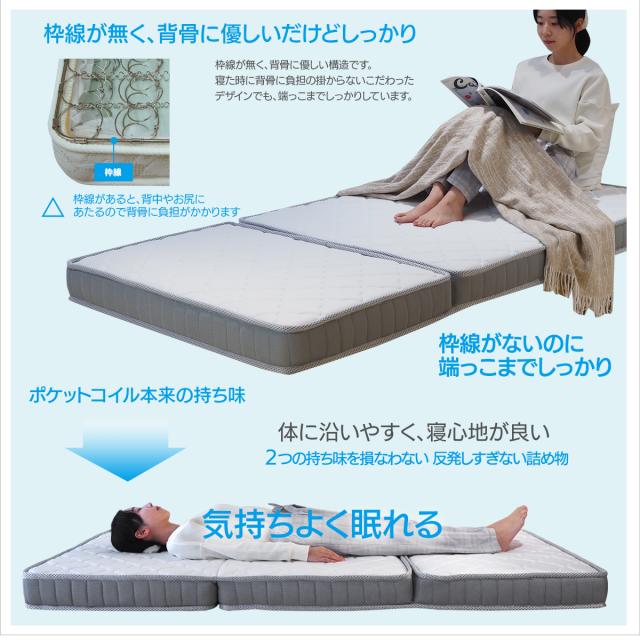 60SSショート(60×180cm) 80SSショート(80×180cm) 薄型(マット厚11cm) 三つ折り ポケットコイル マットレス ZH133P3U ごろ寝 車中泊 オートキャンプ 小さい ショートサイズ_12