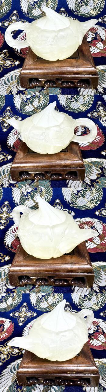 送料無料】天然和田玉 手彫り花紋茶壺 新疆ウイグル産白玉 収蔵書 中国