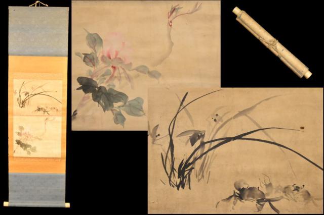 【送料無料】古彩色水墨 水草 蟹 花 手巻き画絵巻 紙本 肉筆 立軸 年代保証 書法 掛け軸 古美術 茶掛 古玩 文化財収集 威龍彩雲通販