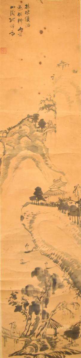 送料無料】古山水 人物 手巻き画絵巻 在銘 画軸 紙本 書軸 お寺