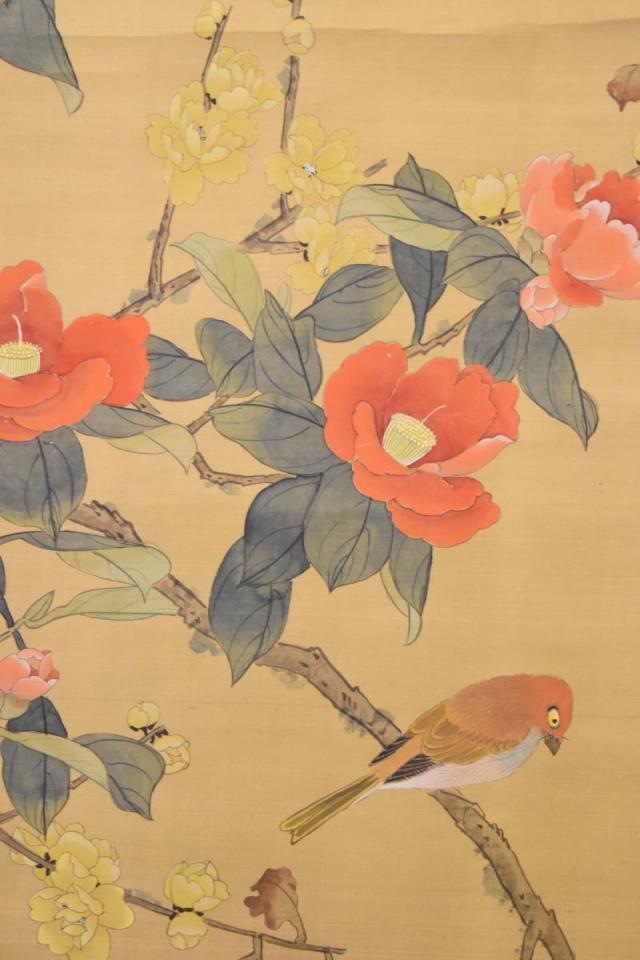 花鳥図 手巻き画絵巻 在銘 画軸 絹本 書軸 お寺 肉筆 立軸
