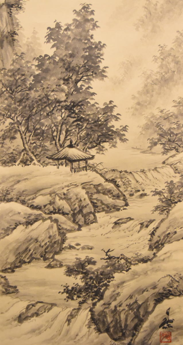 水墨山水 手巻き画絵巻 紙本 肉筆 立軸 お寺 年代保証 書法 掛け軸 古美術 茶掛 古玩 文化財収集 威龍彩雲通販_3