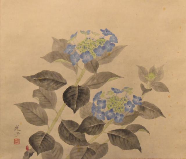 【送料無料】柴田光子 紫陽花 手巻き画絵巻 共箱 在銘 紙本 肉筆 立軸 年代保証 書法 掛け軸 古美術 茶掛 古玩 文化財収集 威龍彩雲通販_2