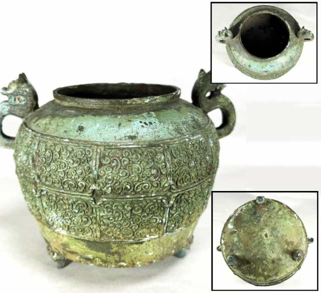 中国時代物 龍双耳三足鼎 青銅器 古銅 発掘品 礼器香炉 唐物 ウブ品