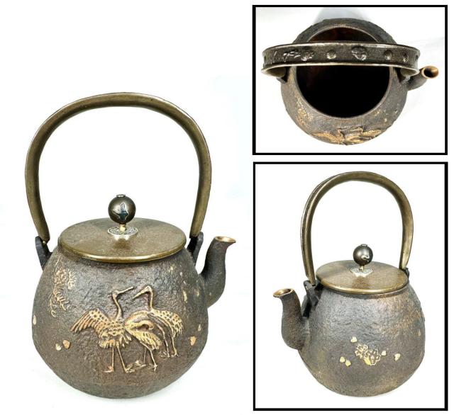 送料無料】 鶴鉄瓶 急須 唐銅蓋 銅摘 茶壺 湯沸 稀少 歴史 煎茶