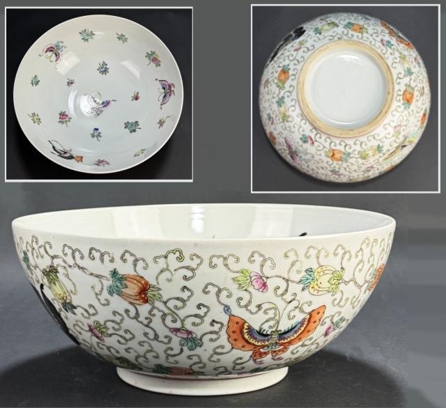 【送料無料】５0、60年代特別注文輸出品 中国 江西景徳鎮 粉彩色絵花蝶吉祥文特大碗 約直径33cm 骨董 入手困難特大品 (旧家蔵出し) 威龍彩雲通販
