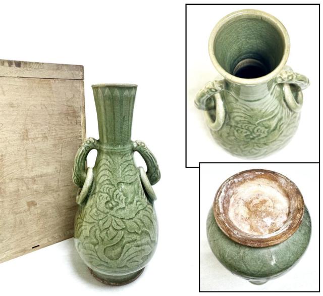 中国宋元竜泉窯刻花文龍耳瓶骨董唐物アンティーク古美術品コレクション