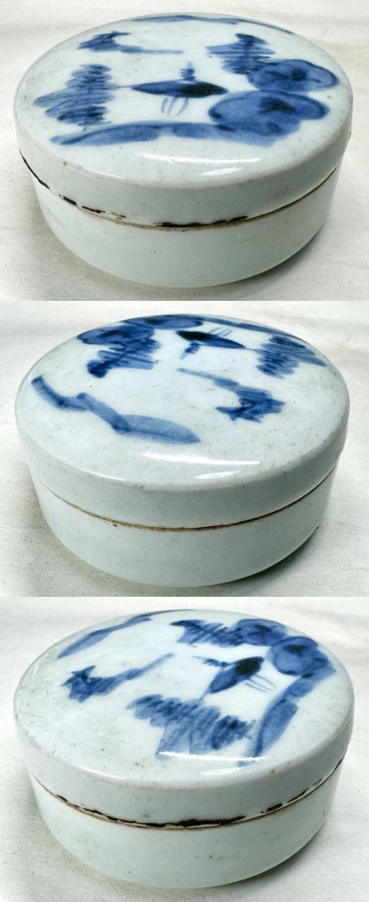 古染香合 修復あり 箱付 伝世品焼物 虫食い 青花 呉須 ウブ品 WWTT114 送料無料】古染香合 修復あり 箱付 伝世品焼物 虫食い 青花 呉須