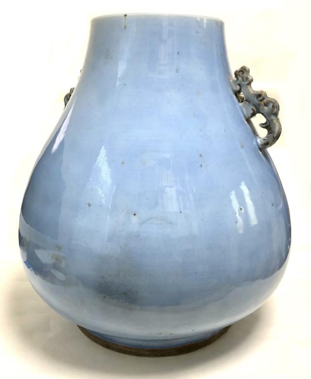 送料無料】清時代中早期 天藍釉璃龍双耳大尊 45cm特大 保証 伝世品焼物 