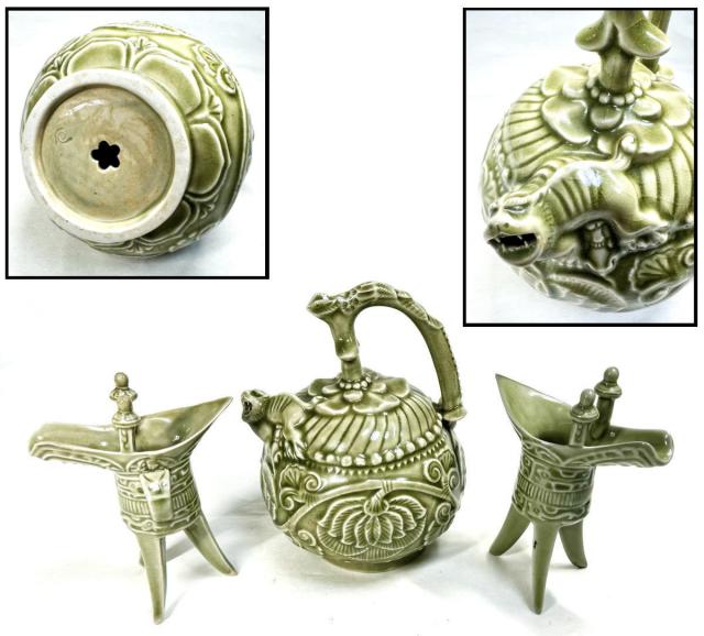 青磁盃 時代物 骨董 杯台□李朝後期 祭器壷 中国古玩 貫入青磁