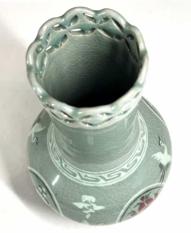 お歳暮 人気 壽安窯 高麗青磁 張英安作（保証） 骨董 象嵌牡丹菊花文長頸壺 その他