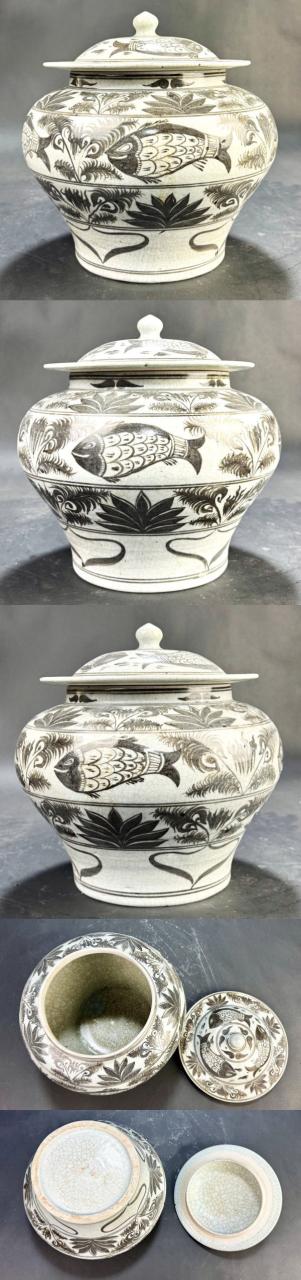 送料無料】時代物 釉里紅魚藻紋盖罐 中国古玩 唐物 古