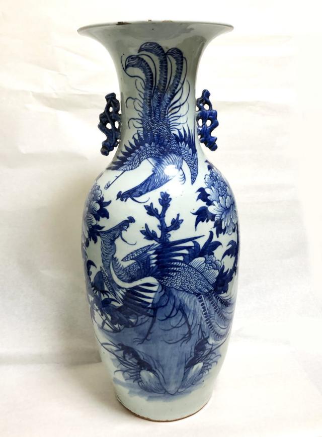 【送料無料】清時代中期 古染付 牡丹花鳥紋様 磁器大花瓶 文物商店蝋印鑑定 呉須 伝世品焼物 青花 骨董 中国古玩 (旧家蔵出し) 威龍彩雲通販_1