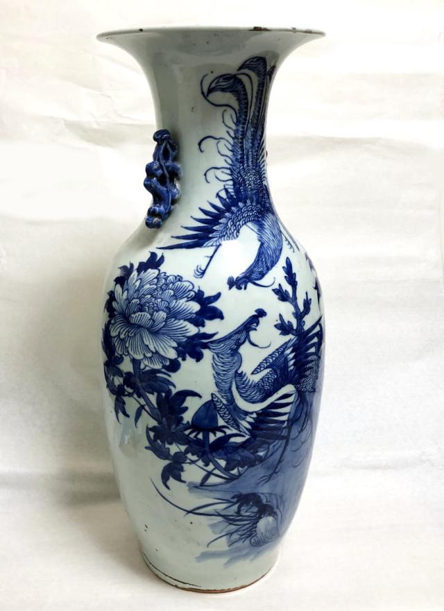 【送料無料】清時代中期 古染付 牡丹花鳥紋様 磁器大花瓶 文物商店蝋印鑑定 呉須 伝世品焼物 青花 骨董 中国古玩 (旧家蔵出し) 威龍彩雲通販_3
