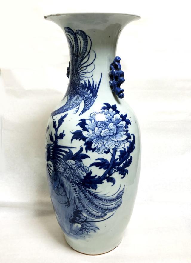 【送料無料】清時代中期 古染付 牡丹花鳥紋様 磁器大花瓶 文物商店蝋印鑑定 呉須 伝世品焼物 青花 骨董 中国古玩 (旧家蔵出し) 威龍彩雲通販_4