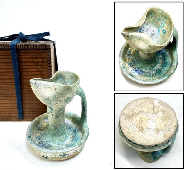 古代イラン・ペルシャ古陶 青釉銀化灯火器 箱付 古美術 古玩 骨董WWTT231 送料無料】古代イラン・ペルシャ古陶 青釉銀化灯火器 箱付 古美術