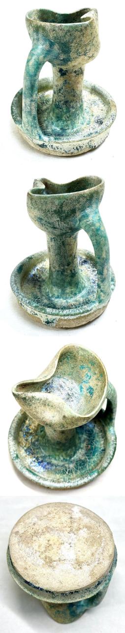 送料無料】古代イラン・ペルシャ古陶 青釉銀化灯火器 箱付 古美術