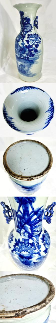 【送料無料】清時代中期 古染付 牡丹花鳥鹿紋様 磁器大花瓶 高さ58cm 呉須 伝世品焼物 青花 ウブ品 骨董 中国古玩 (旧家蔵出し) 威龍彩雲通販_2