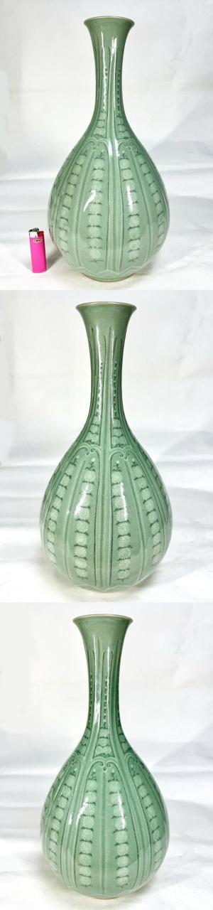 送料無料】韓国人間文化財 柳海剛(柳根?) 高麗青磁 花象嵌細密絵付花瓶