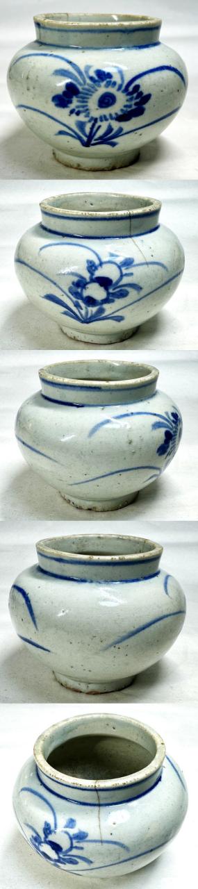【送料無料】李朝 壺 古染付草花文丸壷 提灯壷 伝世品焼物 骨董 時代品 入手困難 古玩 朝鮮古美術 古道具 茶道家旧蔵 (旧家蔵出し) 威龍彩雲通販_1