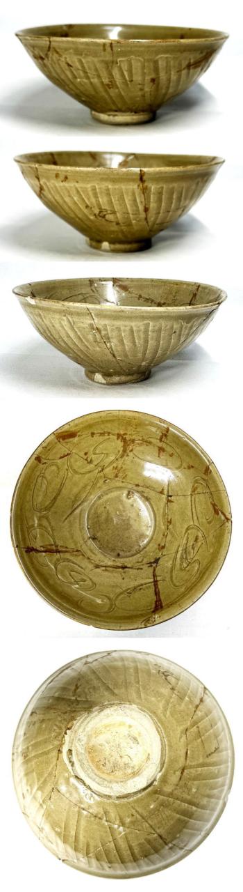 送料無料】宋時代 耀州窯青磁茶碗 修復 時代品 伝世品焼物 歴史