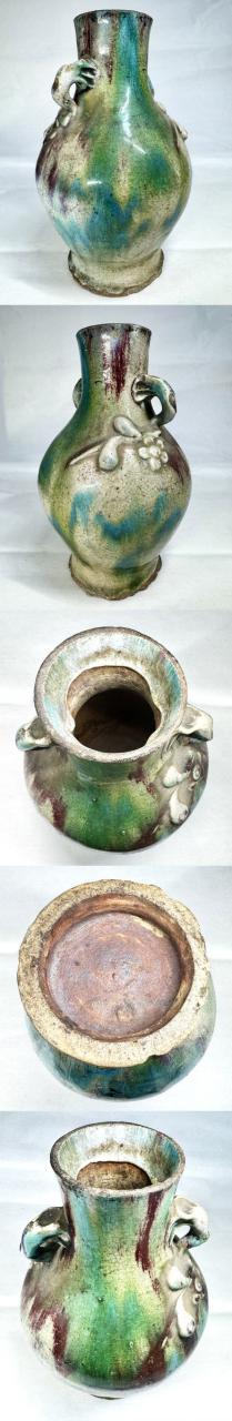 明時代 鈞窯 窯変青釉紫紅斑花耳瓶 唐物 骨董