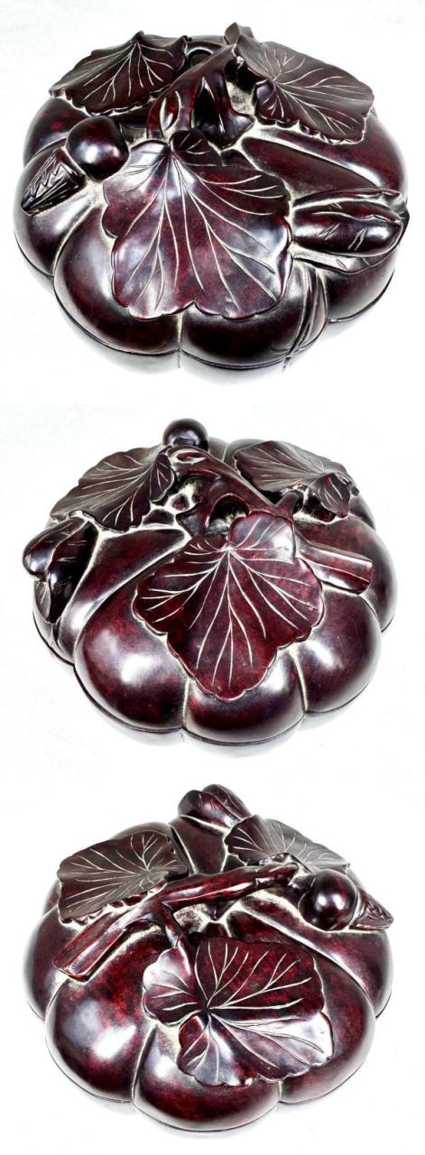 時代物 大紅酸枝木 手彫り南瓜形蓋物 約1681g 唐物 大菓子器WWWT044