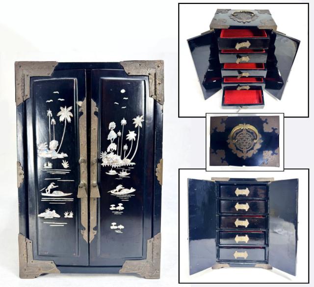 ビンテージ家具 木製青貝螺鈿細工 福禄寿全百宝嵌観音扉黒漆小棚 WWWT090 送料無料】ビンテージ家具 木製青貝螺鈿細工 福禄寿全百宝嵌観音扉黒漆