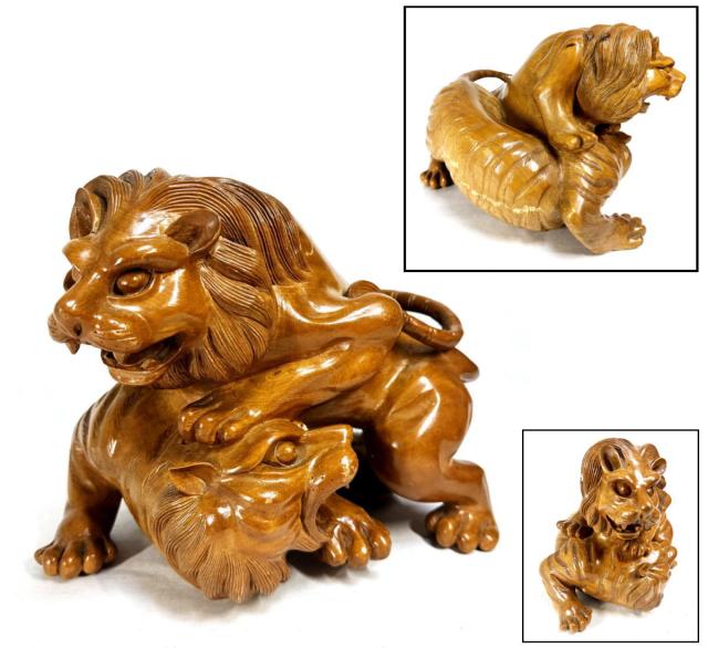 送料無料】手彫り 置物 獅虎斗木彫刻 根彫 一点物 約3kg 時代物