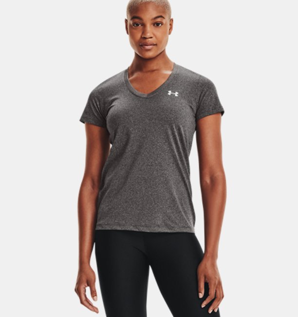 アンダーアーマー レディース Tシャツ Under Armour Women's UA Tech V-Neck - Carbon Heather/llic Silver