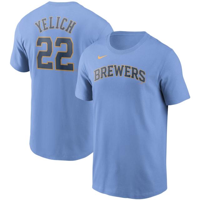 ナイキ メンズ "Christian Yelich" Milwaukee Brewers Nike Name & Number T-Shirt Tシャツ 半袖 Light Blueの通販は