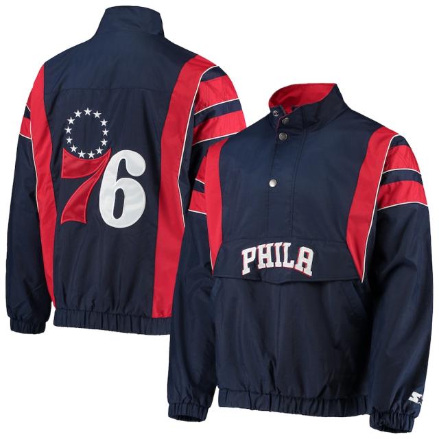 メンズ ジャケット "Philadelphia 76ers" Starter The Impact Oxford Crinkle 1/2-Zip Jacket - Navyバスケットボールウェア