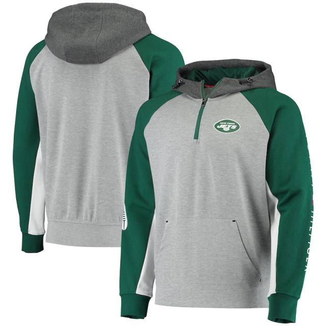 トミーヒルフィガー メンズ パーカー "New York Jets" Tommy Hilfiger Color Block Quarter-Zip Pullover Hoodie - Heathered Gray/Greenの通販は