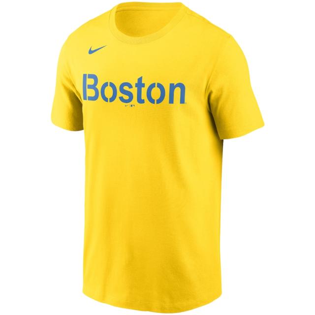 ナイキ メンズ Tシャツ Rafael Devers "Boston Red Sox" Nike 2021 City Connect Name & Number T-Shirt - Gold