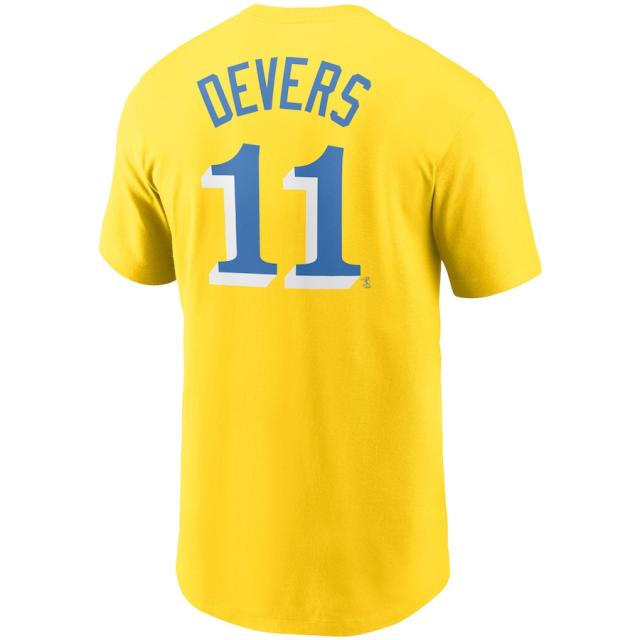 ナイキ メンズ Tシャツ Rafael Devers "Boston Red Sox" Nike 2021 City Connect Name & Number T-Shirt - Gold