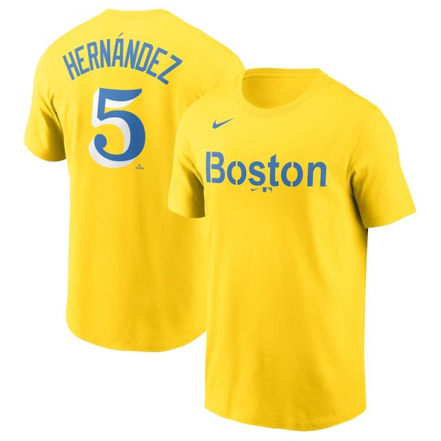 ナイキ メンズ Tシャツ Enrique Hernandez "Boston Red Sox" Nike 2021 City Connect Name & Number T-Shirt - Gold/Light Blueの通販は