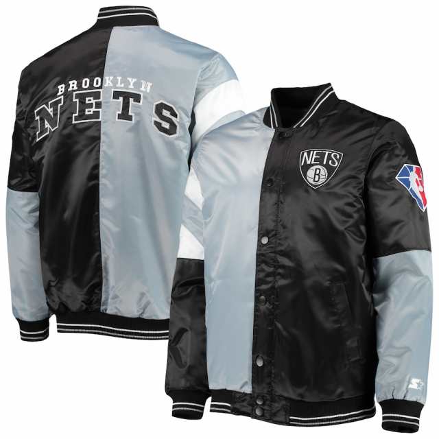 スターター メンズ ジャケット Brooklyn Nets Starter 75th Anniversary Leader Color Block Satin Full-Snap Jacket - Gray/Blackの通販は