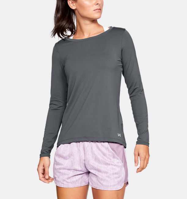 即納 アンダーアーマー レディース ロンT Under Armour HeatGear Armour Long Sleeve Shirt Tシャツ 長袖 Pitch Gray Light Heather