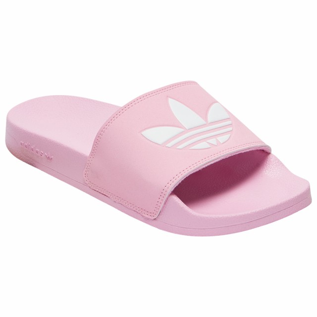 pink and white adidas sliders