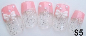 ジェルコーティング付き オーダー ネイルチップ クリアラメ ピンク フレンチ パール リボン ネイルチップ S 5 Ks の通販はau Pay マーケット スタジオネイル