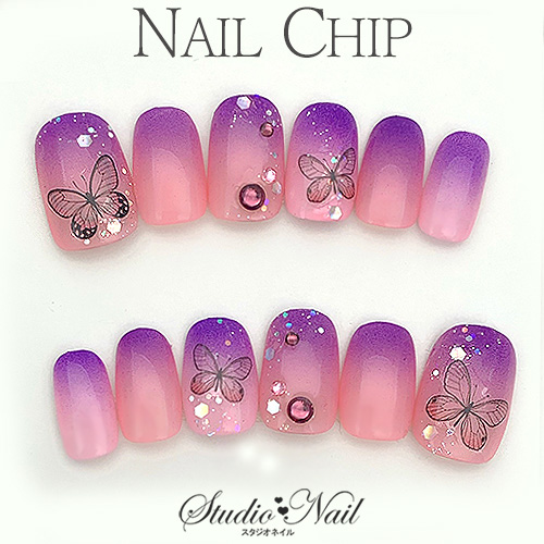 即納 メール便送料無料 ネイルチップ ショート ジェルコーティング付き ピンクベース パープル エアー グラデーション 蝶 藤 12枚入 ラウの通販はau Pay マーケット スタジオネイル