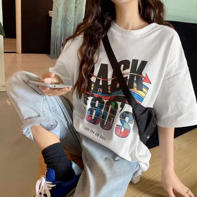 送料無料 即納 プリントtシャツ レディース 半袖 ロングtシャツ カジュアル トップ 韓国ファッション おしゃれ グレー ｎ10の通販はau Pay マーケット B I J