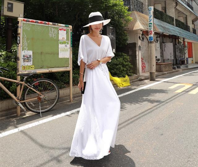 ロングワンピース Vネック バックコンシャス ウエスト絞り ロング丈 五分袖 Z の通販はau Wowma K M Base