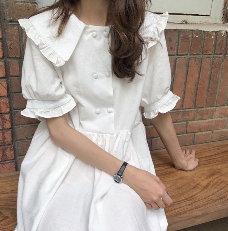 シャツワンピース ハイウエスト リボン ガーリー 可愛い 襟付き パフスリーブ ロング フリル ホワイト Z の通販はau Pay マーケット K M Base