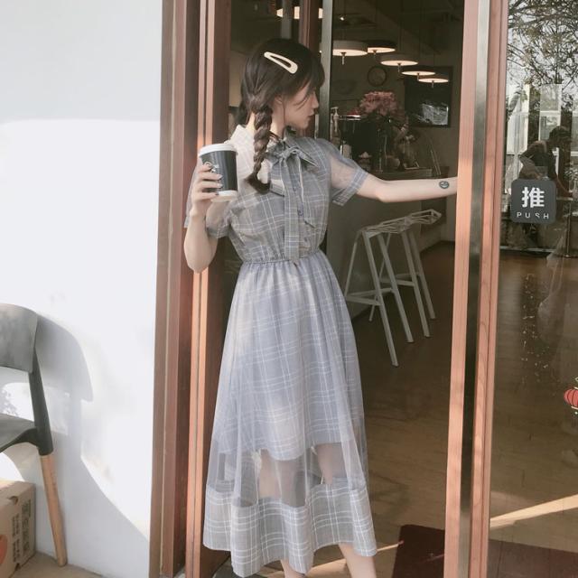 ワンピース ロングワンピース グレンチェック ガーリー シースルー リボン ブラウス シャツワンピース 半袖 パフスリーブ フレア ハイウの通販はau Pay マーケット K M Base