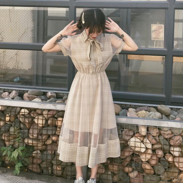 ワンピース ロングワンピース グレンチェック ガーリー シースルー リボン ブラウス シャツワンピース 半袖 パフスリーブ フレア ハイウの通販はau Pay マーケット K M Base
