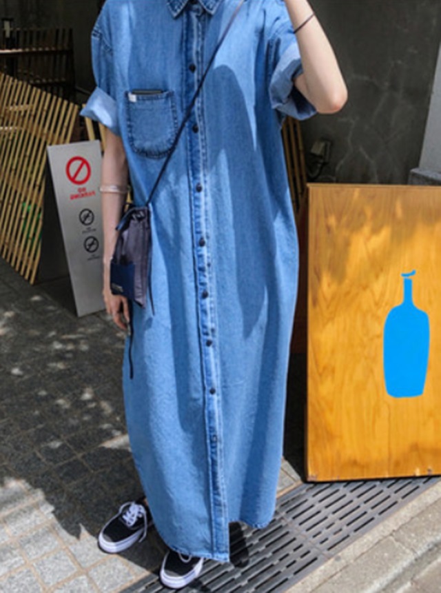 大きいサイズ ワンピース デニムワンピース デニムワンピ マキシ丈ワンピース デニム ロング丈 襟付き 半袖 袖あり 大人可愛い シンプの通販はau Pay マーケット ふくふくの木