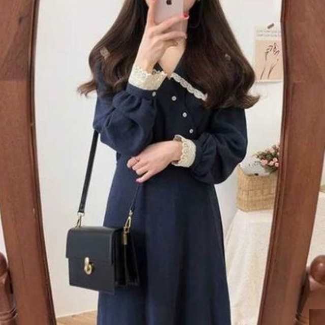 ロングワンピース 秋冬 森ガール ワンピース レトロ ワンピース 英国風 英国風ワンピース 秋冬 襟付き ワンピース レース 無地 ロング丈 au pay マーケット