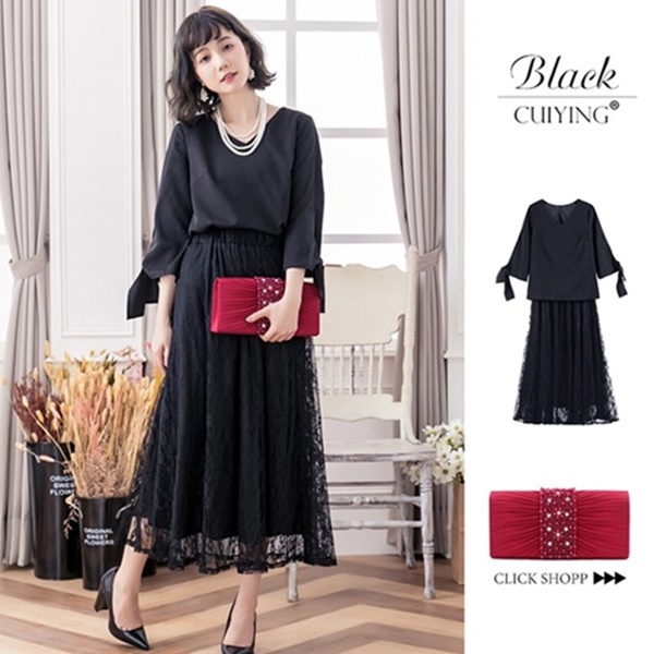 ワンピース 結婚式 普段使い パーティドレス 結婚式 お呼ばれドレス レース ロング丈 七分袖 袖あり ダークブルー ブラック フォーマル の通販はau Pay マーケット ふくふくの木